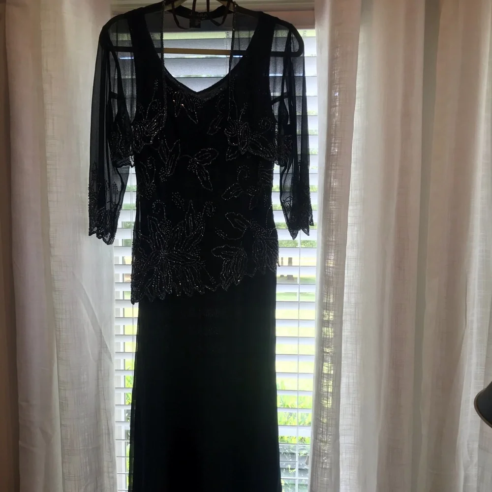 Long navy evening gown with sheer beaded overlay and sheer short jacket - Picture 6 of 8